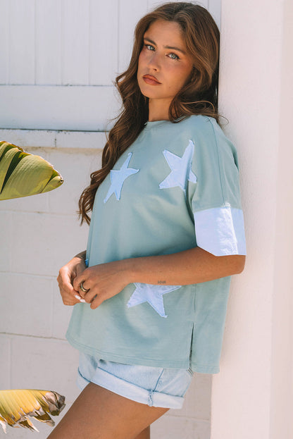 Threaded Pear Etta Frayed Denim Star Patched Oversize Top