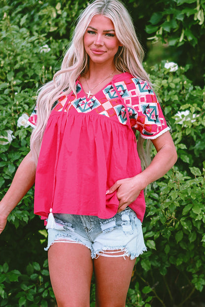 Threaded Pear Zayla Embroidered Tassel Tie V Neck Blouse