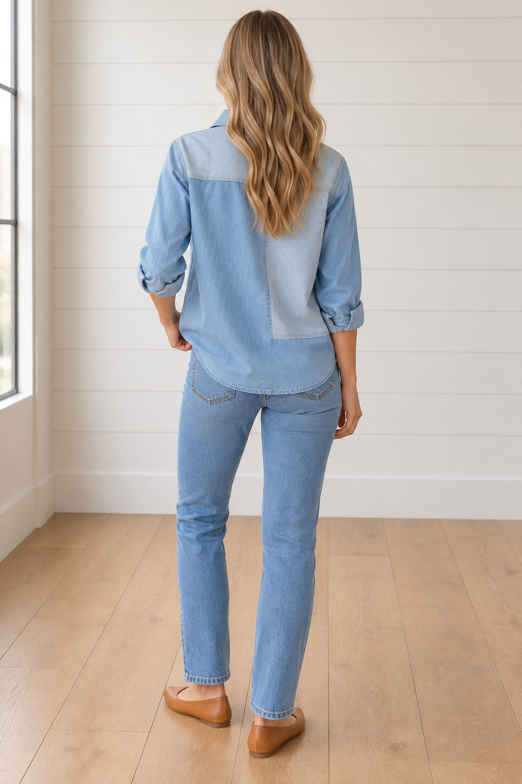 Threaded Pear Haylee Striped Patchwork Down Shacket