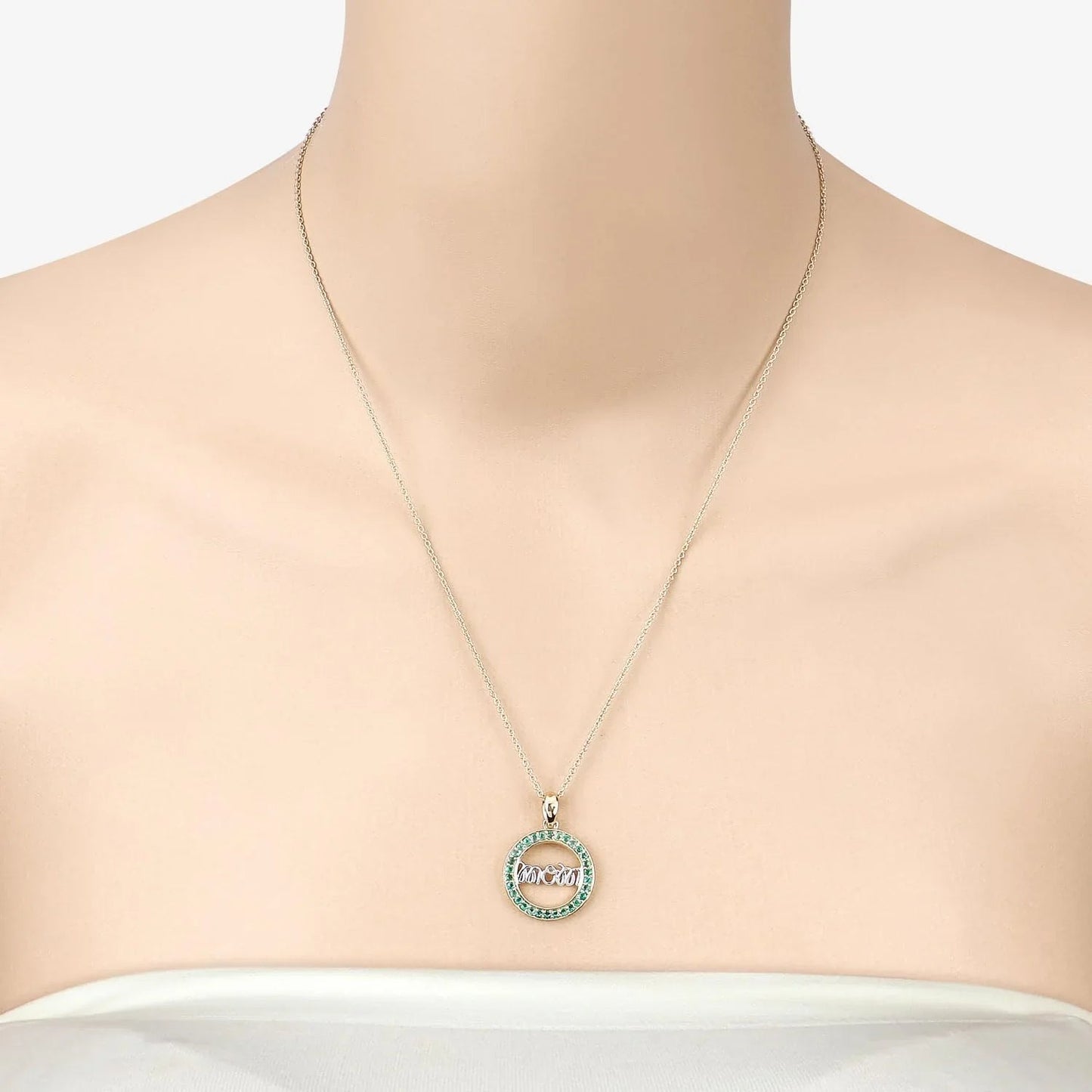 Round Green Emerald Prong Gold Plated Silver Mom Circle Pendant Necklace