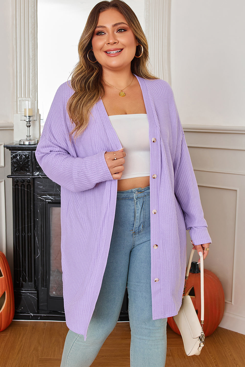 Threaded Pear Rosie Waffle Knit Front PLUS Cardigan