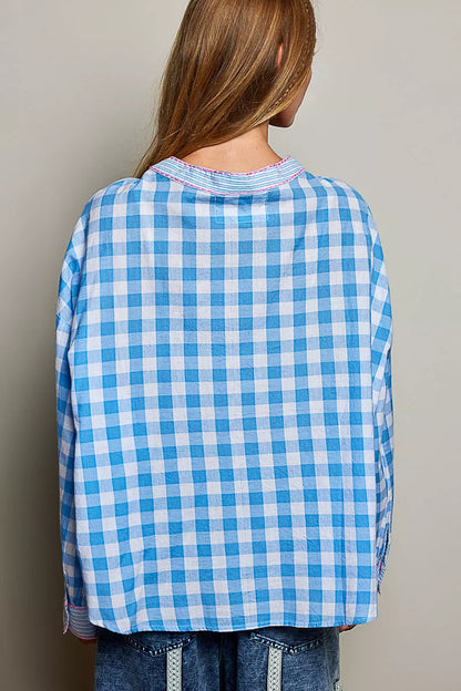 POL Gingham Embroidered Palm Tree Blouse