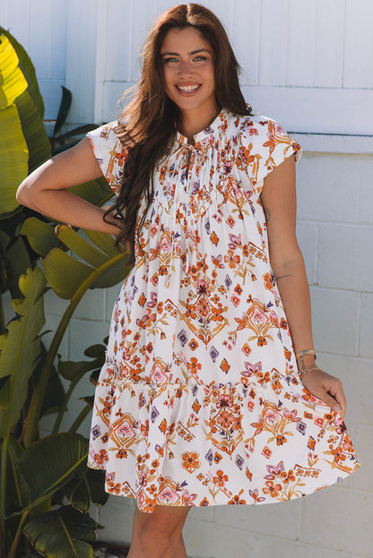 Threaded Pear Marigold Floral Ruffled Trim Flutter Sleeve Dress