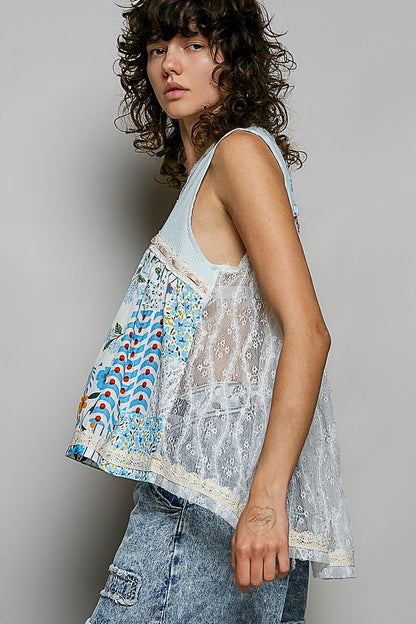 POL Floral V-Neck Sheer Tank with Lace Trim in Soda Candy