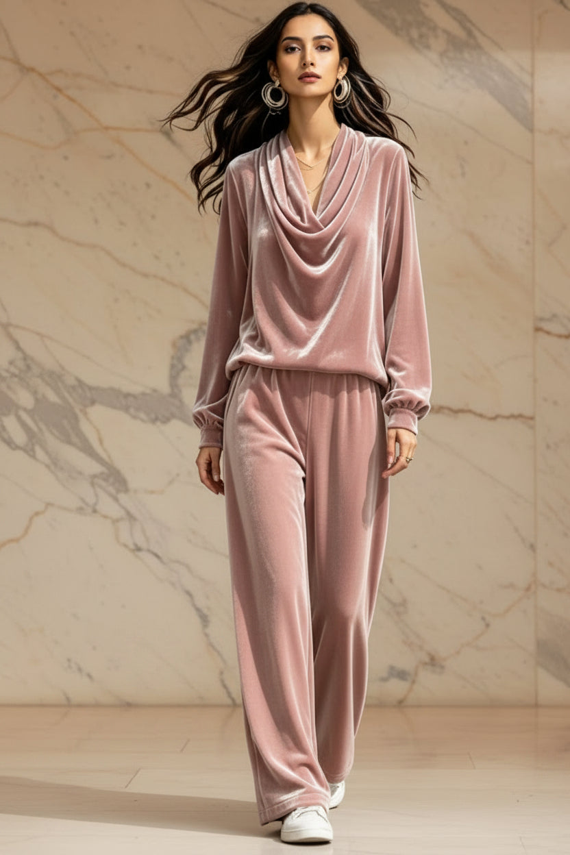 Women's Gold Velvet Cowl Neck Drop-Shoulder Top & Wide-Leg Pants Set – 8 Colors