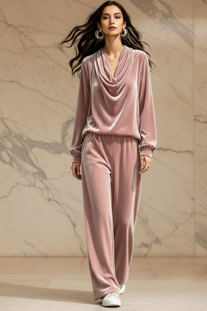 Women's Gold Velvet Cowl Neck Drop-Shoulder Top & Wide-Leg Pants Set – 8 Colors