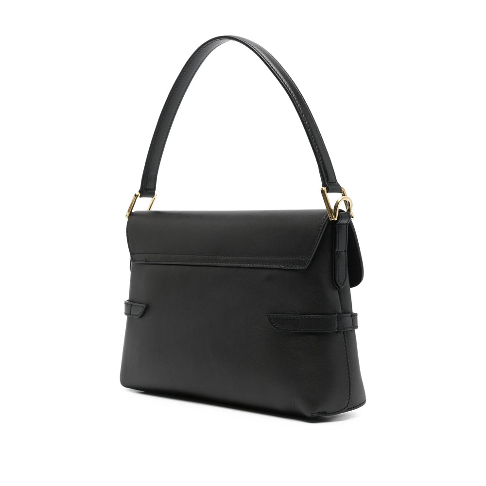 Black Leather Shoulder Bag With Gold-Tone Accents
