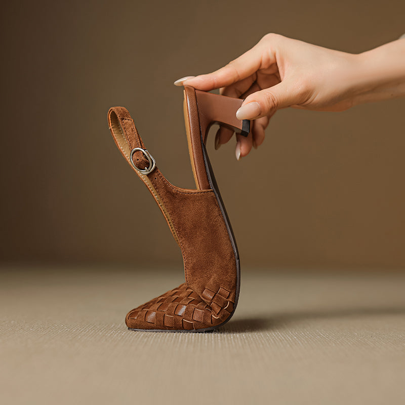 Women's Handmade Suede Woven Slingback Block Heel Sandals, Square-Toe Buckle Dress Shoes