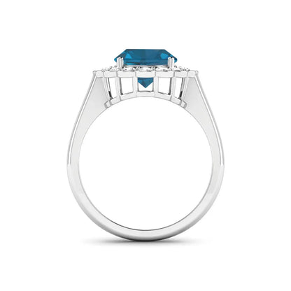 Genuine London Blue Topaz and White Diamond Halo Ring