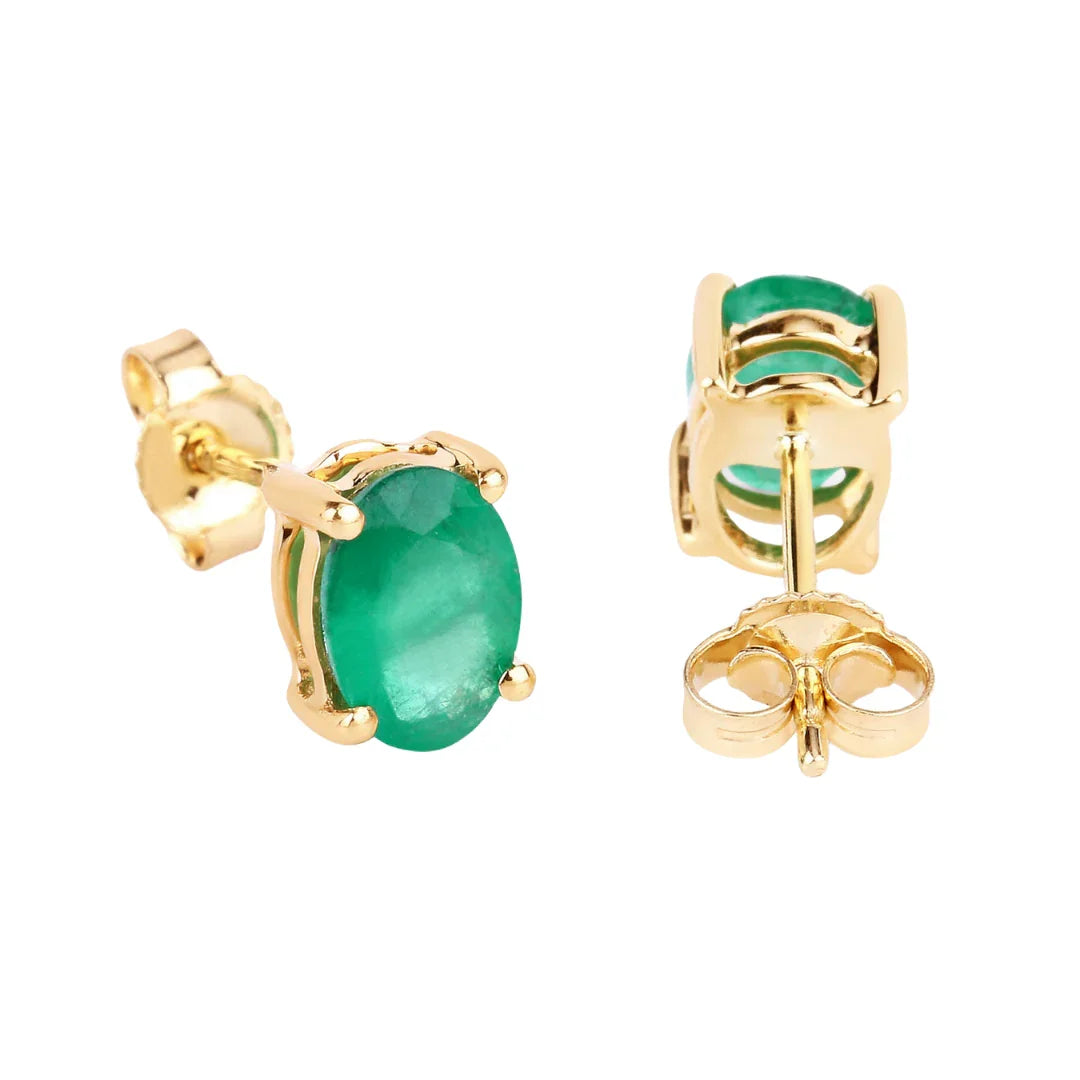 1.44 Ct Oval Green Zambian Emerald Prong 10K Gold Stud Earrings