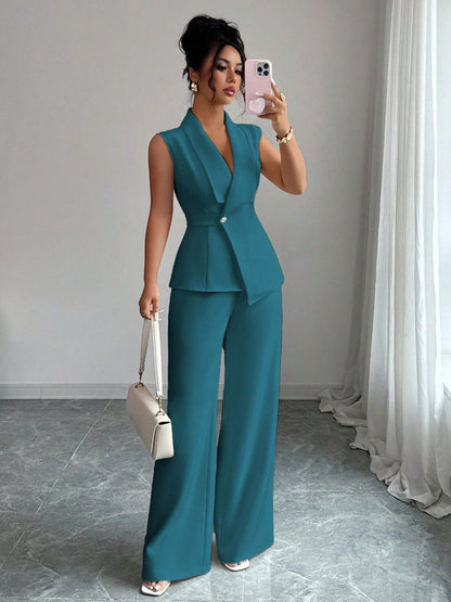 Women's Peplum Sleeveless Blazer & Wide-Leg Pants Two-Piece Set