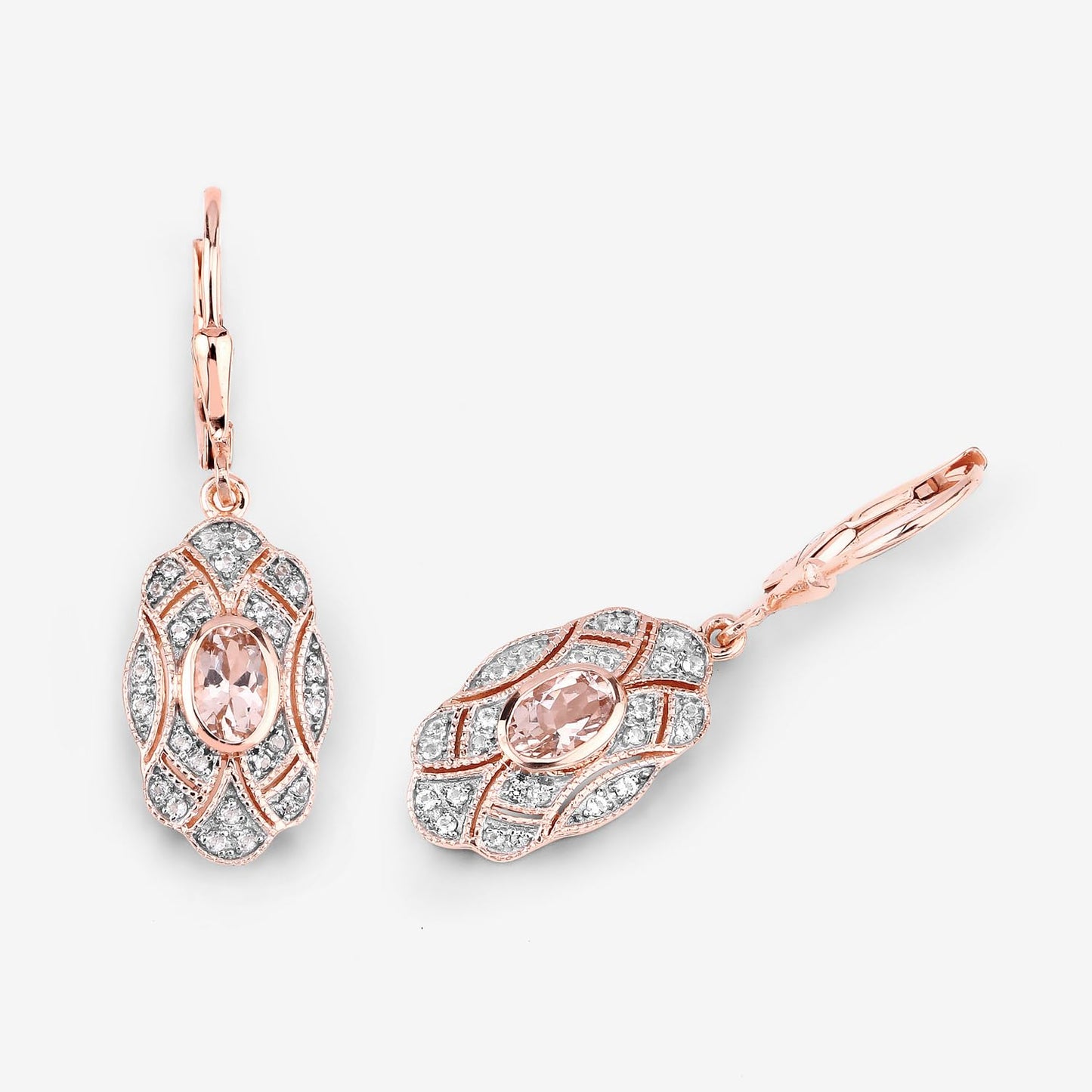 Oval Pink Morganite Bezel 18K Rose Gold Plated Silver Lever Back Dangle Earrings