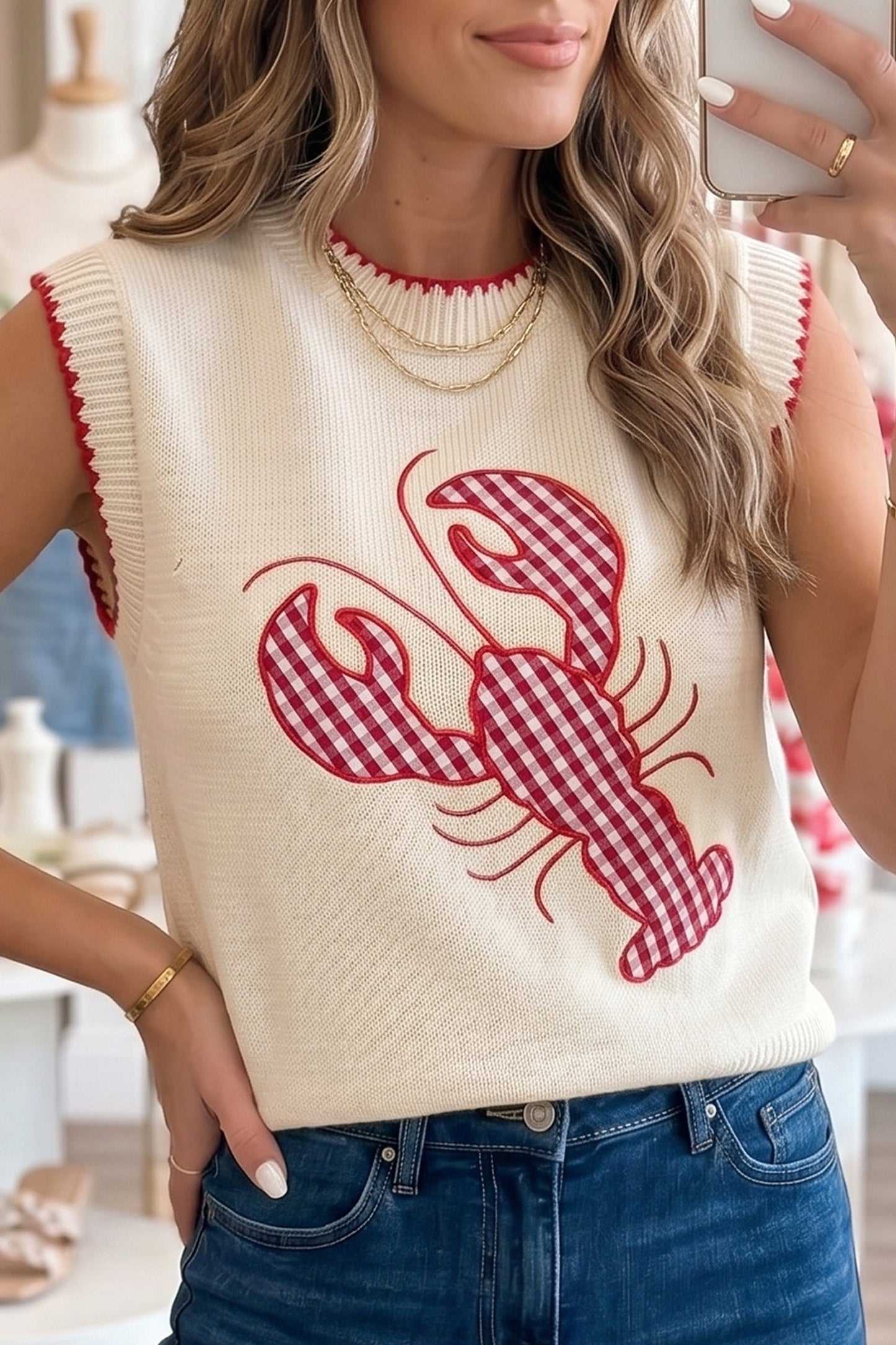 Threaded Pear Emmeline Plaid Crawfish Knit Sweater