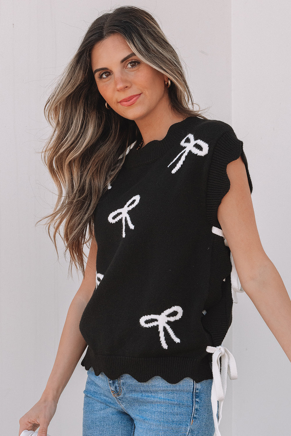 Threaded Pear Dayana Bow Print Side Ties Sweater Top
