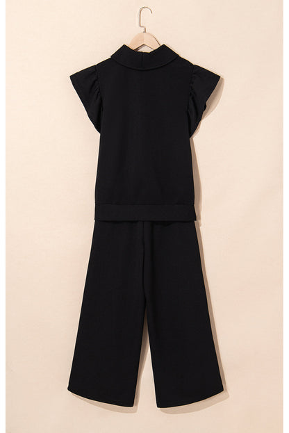 Threaded Pear Kallie Ruffled Sleeve Zipped Top and Wide Leg Pants Set