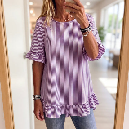 Women's Striped Ruffle-Sleeve Loose-Fit Blouse – Three-Quarter Sleeve