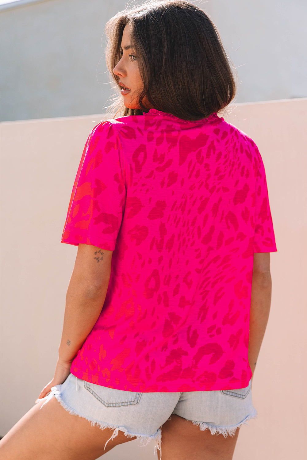 Threaded Pear Laurel Leopard Frilly V Neck Short Sleeve Blouse