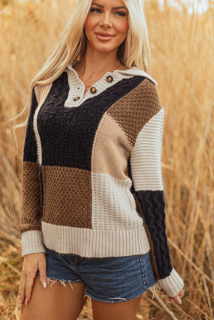 Threaded Pear Paige Cable Knit Sleeve Buttons Collared Sweater