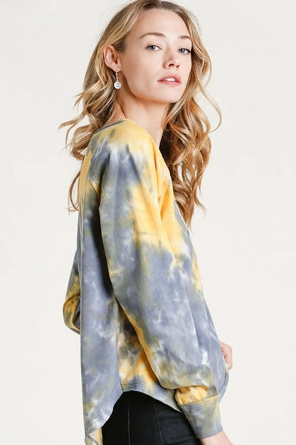 Umgee Full Size Tie Dye Button Front Long Raglan Sleeve Top Plus Size