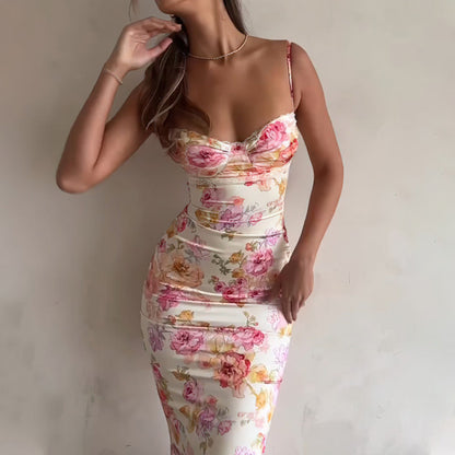 Women’s Floral Bodycon Maxi Dress – Sexy Spaghetti Strap Vacation & Summer Dress