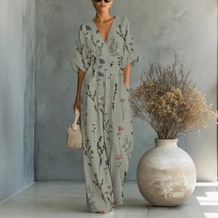 Women's Waist-Cinched V-Neck Printed Wide-Leg Jumpsuit – Zulily
