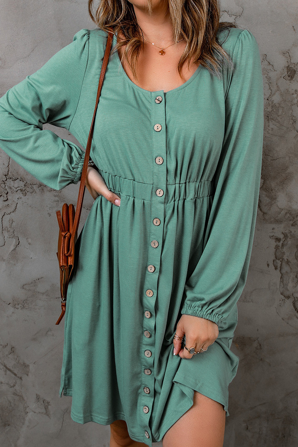 Julianna Button Up High Waist Long Sleeve Dress - Threaded Pear