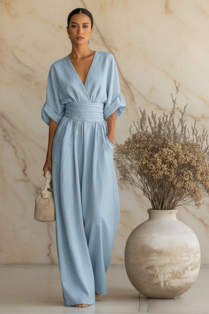 Women's V-Neck Wide-Leg Jumpsuit – High Waist Pleated Elegant