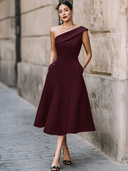 Women's Off-Shoulder Swing Dress – Solid Color Flowy Midi