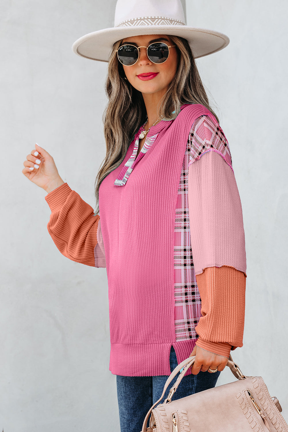 Threaded Pear Maddie Texture Colorblock Patchwork Long Sleeve PLUS Top