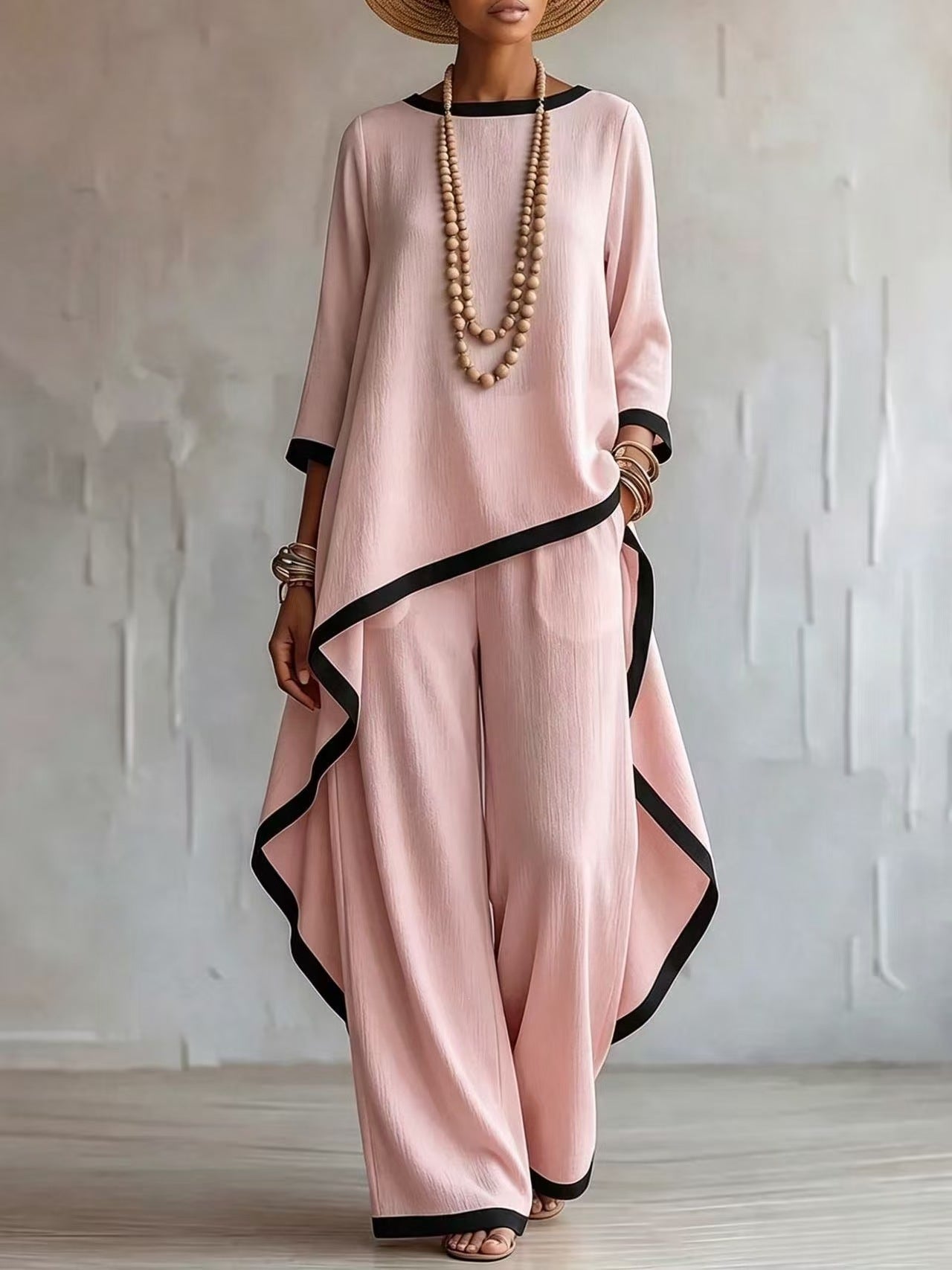 Women's Asymmetric Linen Tunic & Wide-Leg Pants Set