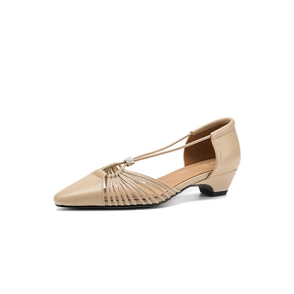 Women's Handmade Full-Grain Leather Strappy Low-Heel Sandals, Pointed-Toe Mary Jane Cutout Flats