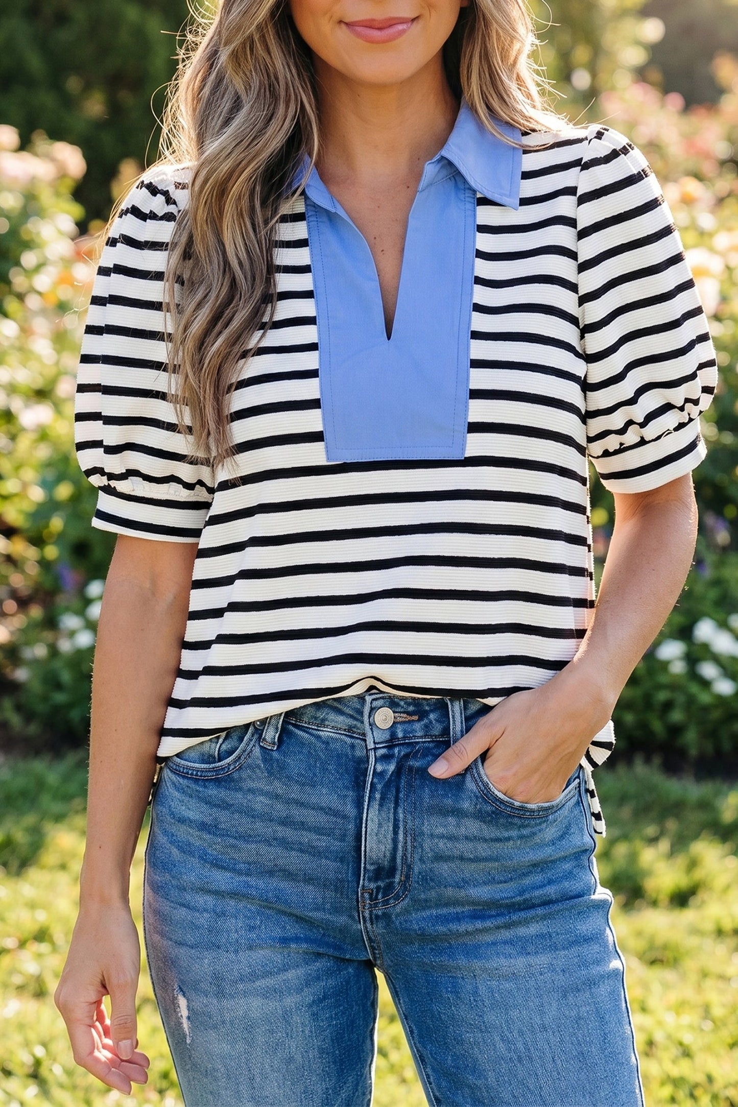 Threaded Pear Lina Block Polo Collar Blouse