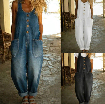 Retro Buckle Multi-Pocket Overalls Jumpsuit | 3/4 Sleeve