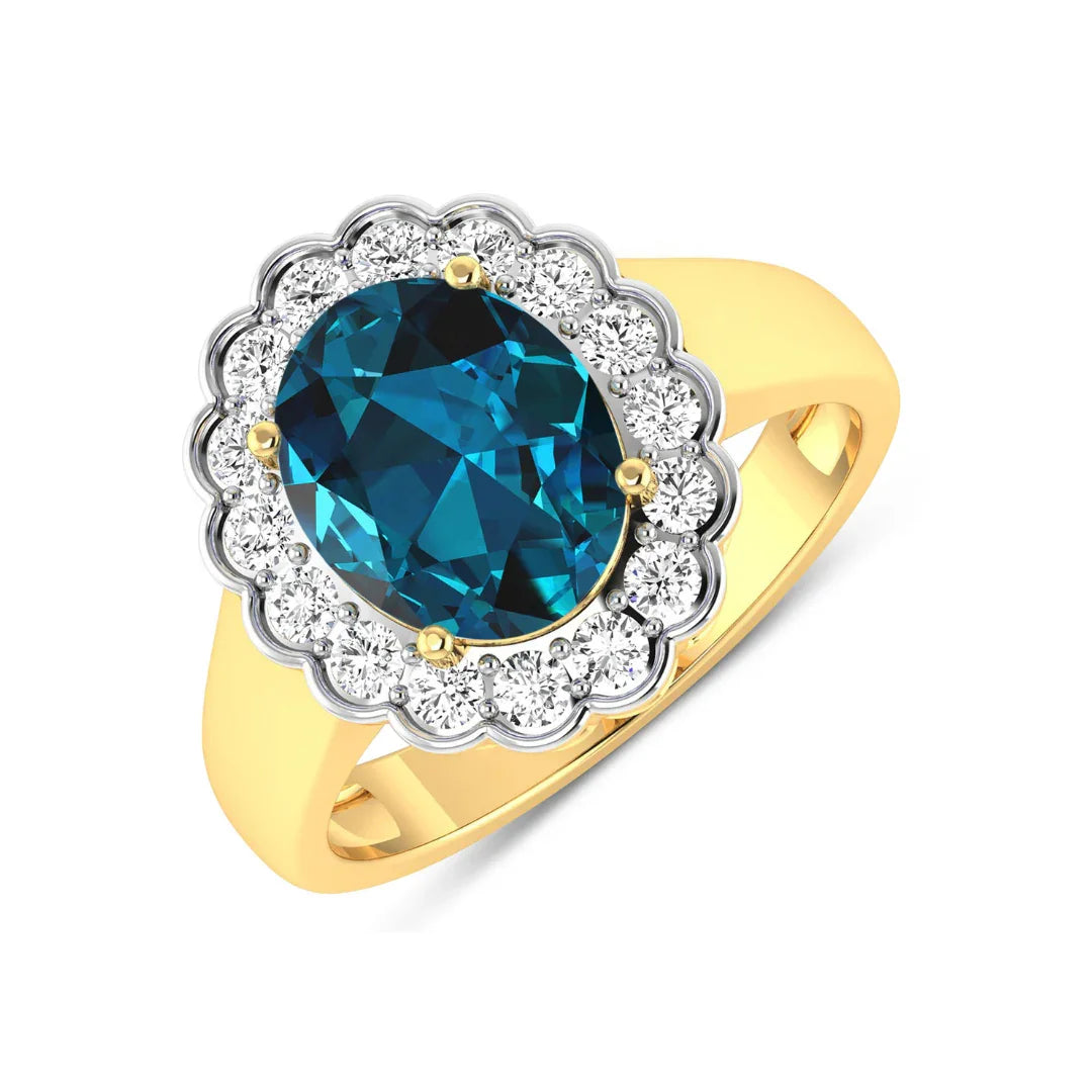 Genuine London Blue Topaz and White Diamond Halo Ring