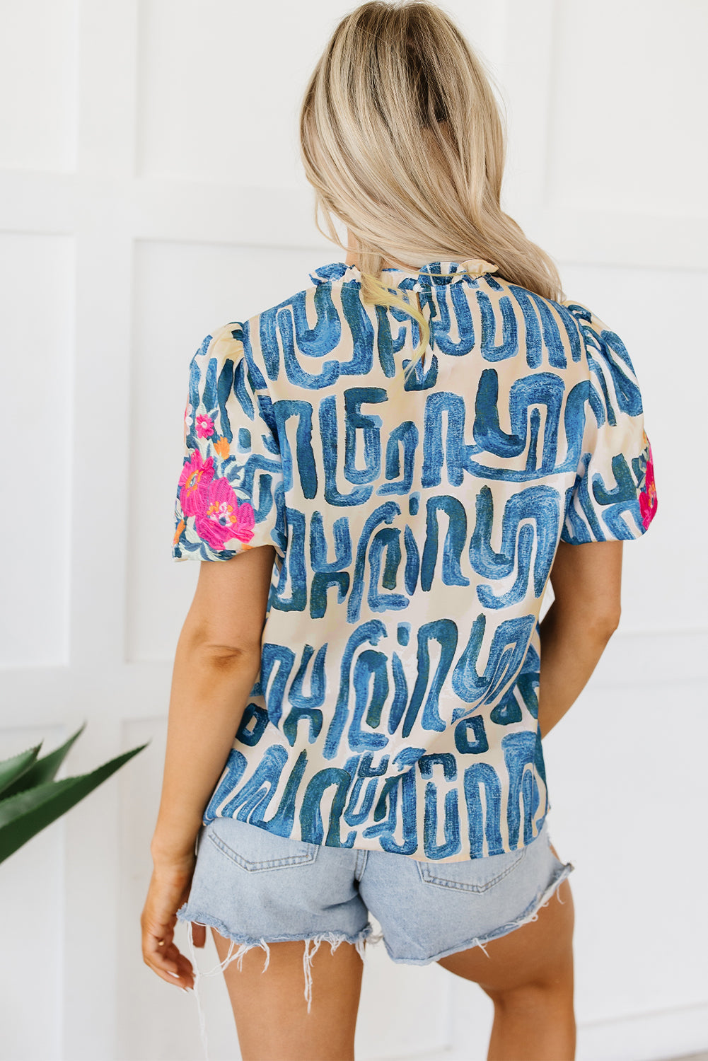 Threaded Pear Lara Puff Sleeve Frilled Neck Printed Top