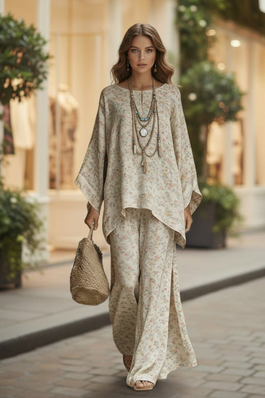 Floral Print Bamboo Linen Two-Piece Set with Wide-Leg Pants