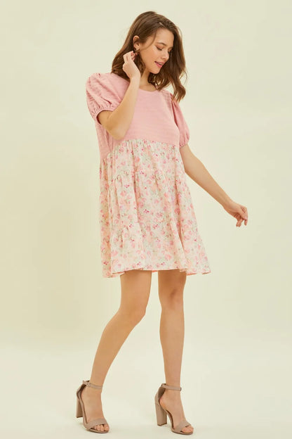 HEYSON Full Size Round Neck Floral Ruffle Hem Mini Dress