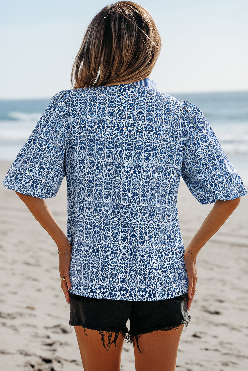 Threaded Pear Alayah Floral Striped Ric-rac Puff Sleeve Top