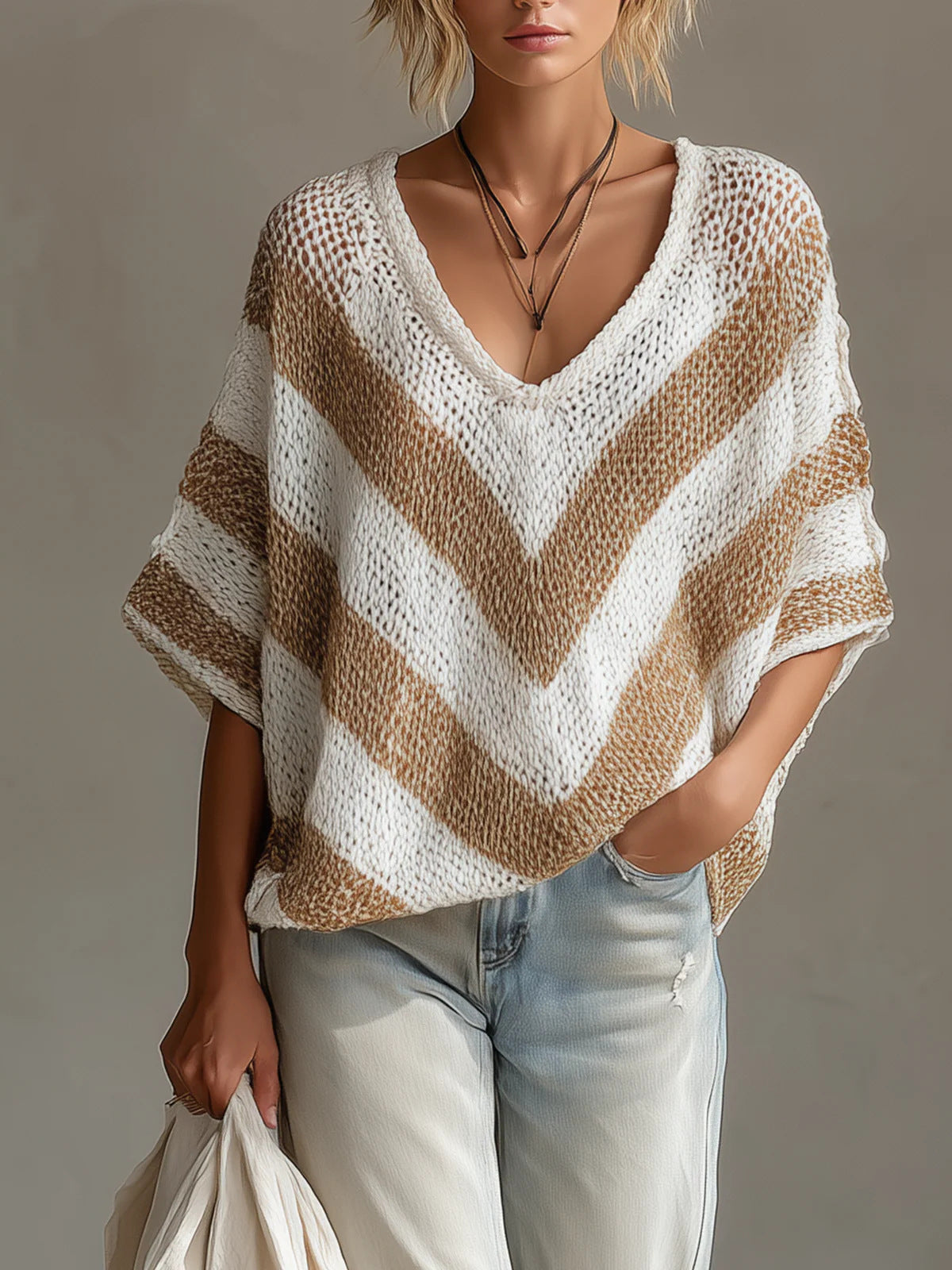 Women's V-Neck Knit Sweater – Loose Fit, Drop Shoulder, 3/4 Sleeve