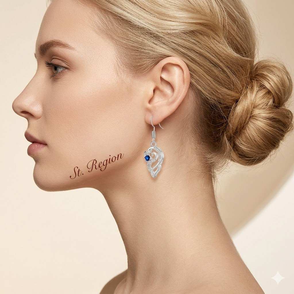 Royal Blue Crystal & Silvertone Swirling Filigree Heart Hook Earrings