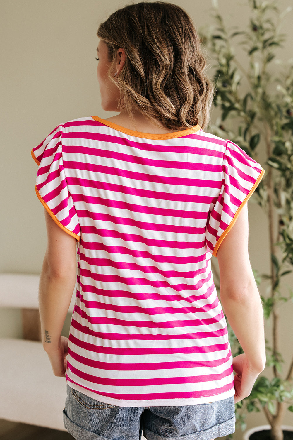 Threaded Pear GloriaStriped Ruffle Sleeve Crew Neck Blouse
