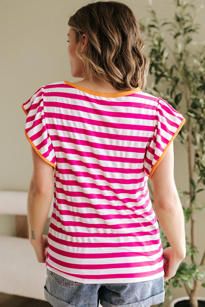 Threaded Pear GloriaStriped Ruffle Sleeve Crew Neck Blouse