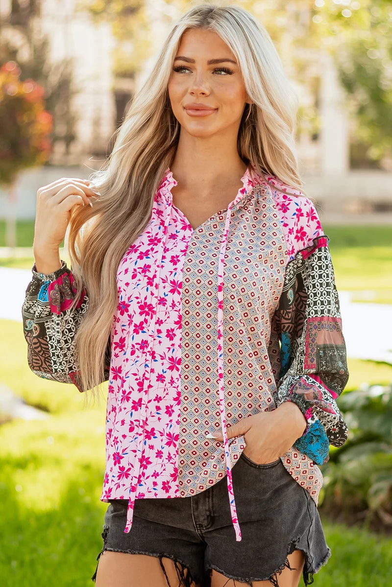 Threaded Pear Solirina Shoulder Bubble Sleeve Blouse