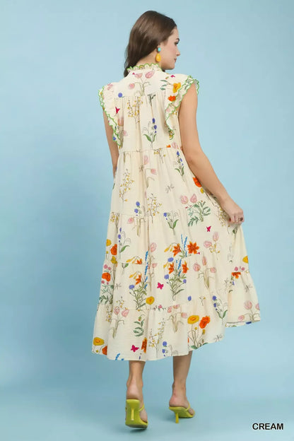 Umgee Floral Ruffle Tiered Midi Dress with Scalloped Detail