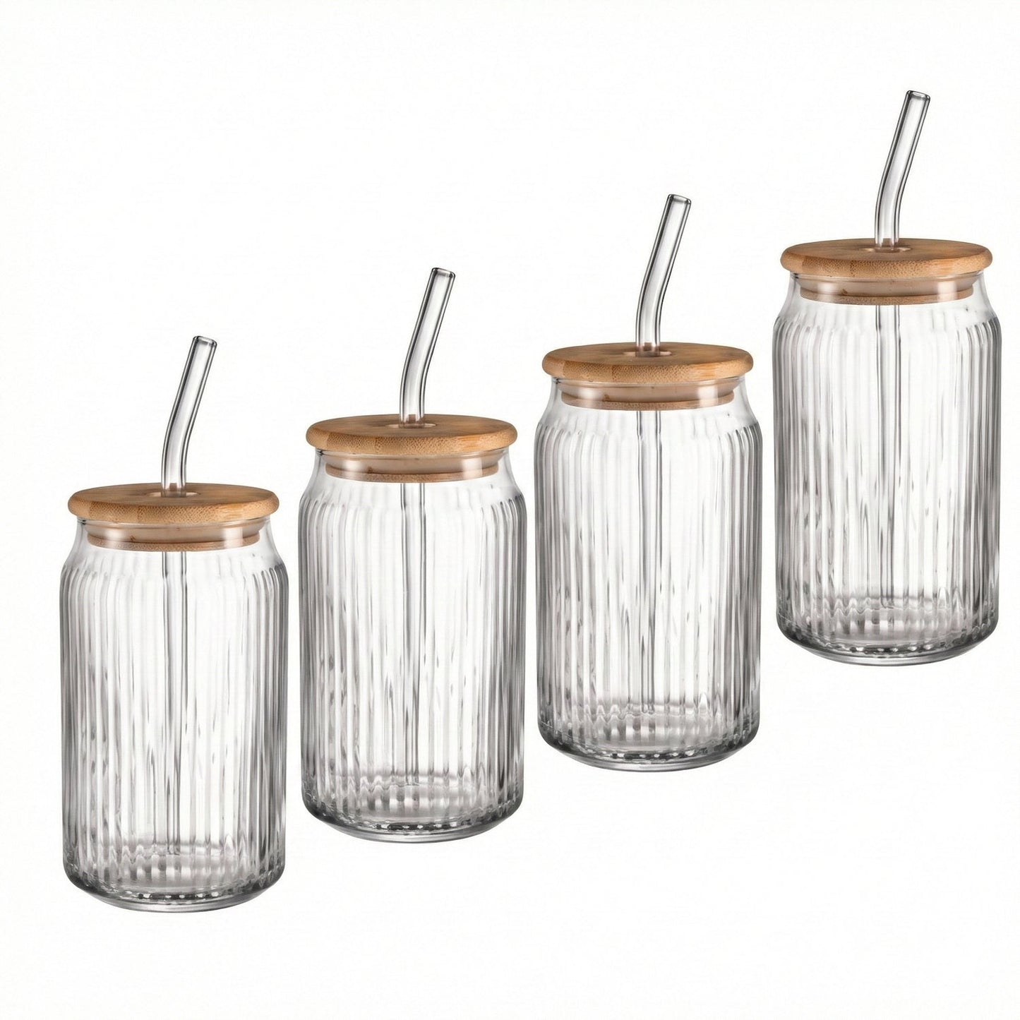 Jay Companies Set Of 4 Ribbed Glass Sippers - 18Oz. With Bamboo Lid