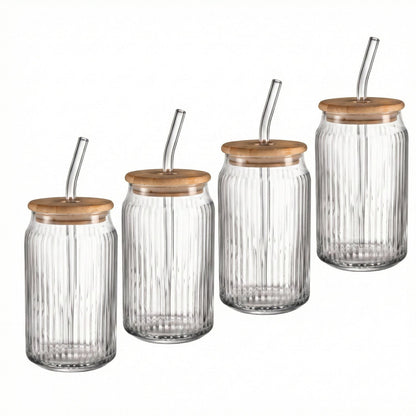Jay Companies Set Of 4 Ribbed Glass Sippers - 18Oz. With Bamboo Lid