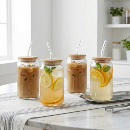 Jay Companies Set Of 4 Ribbed Glass Sippers - 18Oz. With Bamboo Lid