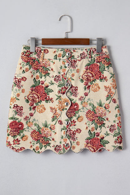 Buttoned Front Floral Scalloped Trim Mini Jacquard Floral Skirt