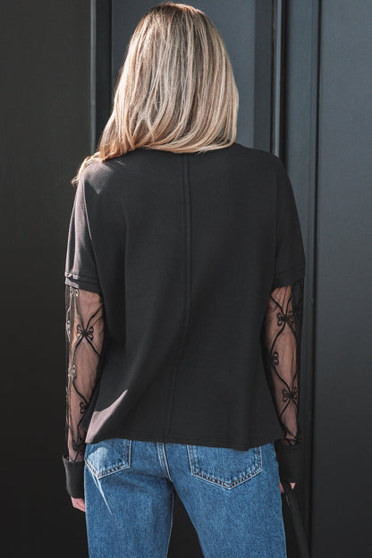 Light Pink Solid Color Bow Textured Patchwork Long Sleeve Tee