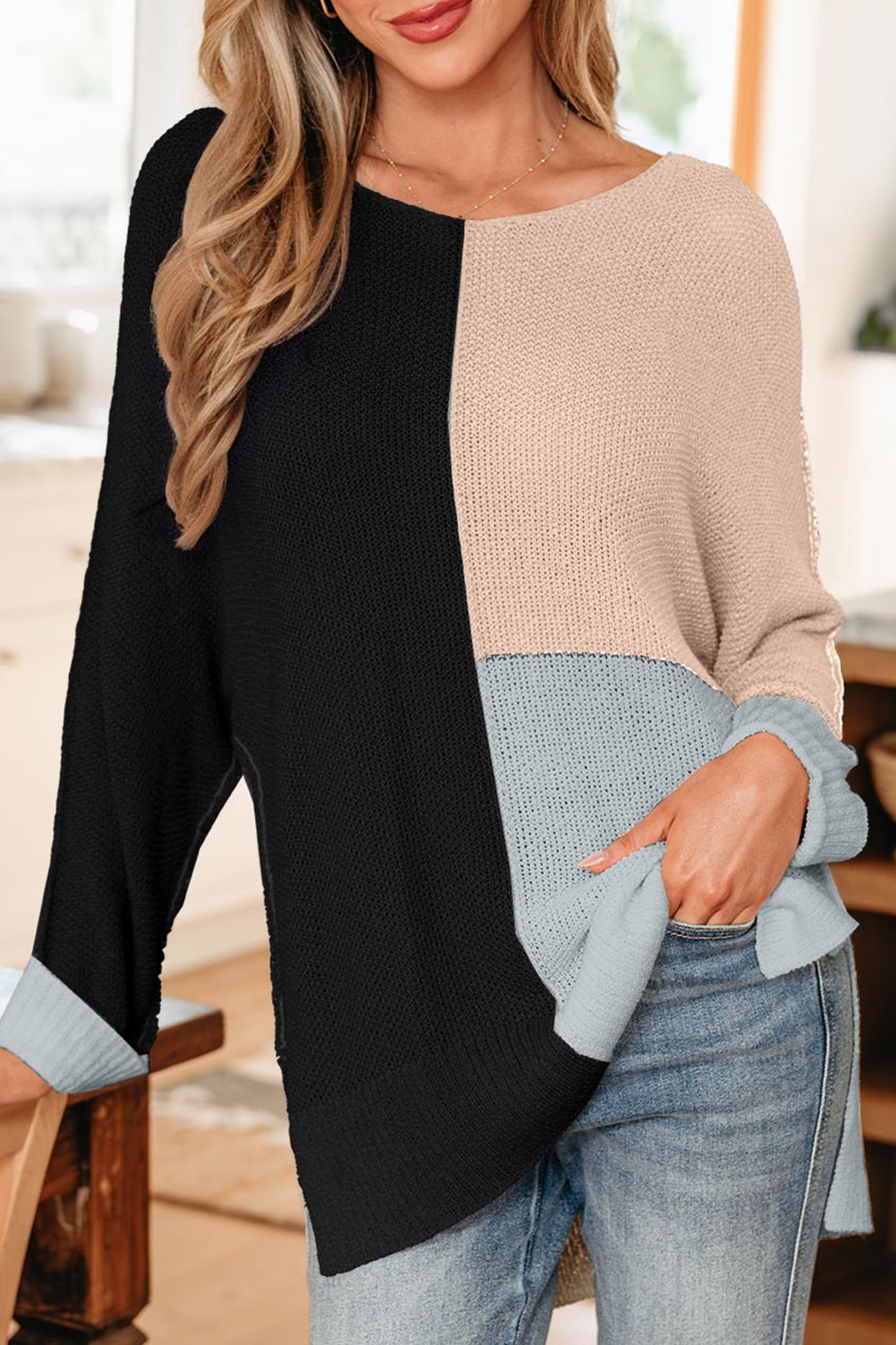 Threaded Pear Zayla Block Knit Loose Sweater